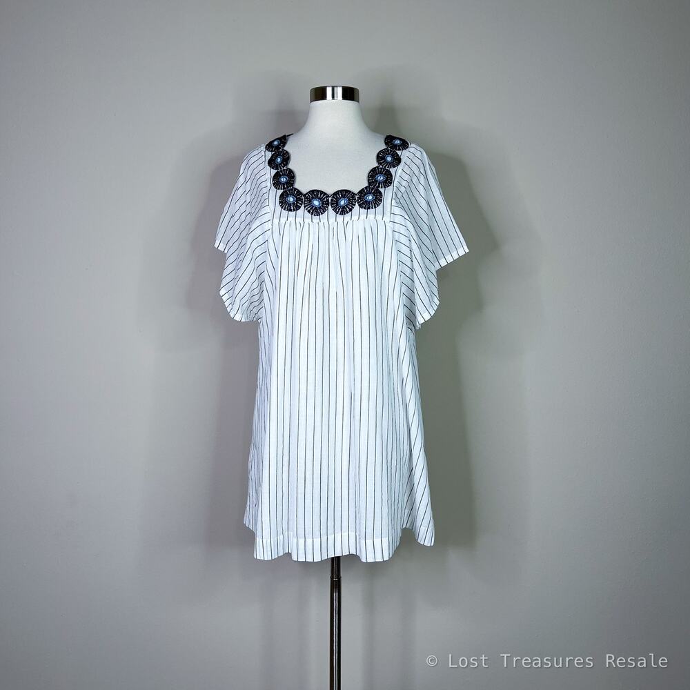 Madewell | White Navy Stripe Embroidered Flutter Sleeve Shift Cotton Dress Small - Picture 2 of 10